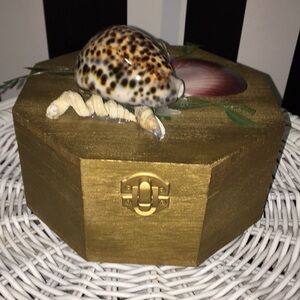 Octagon Shaped Wood Trinket Box With Real Shells on Top Hinged & Latch